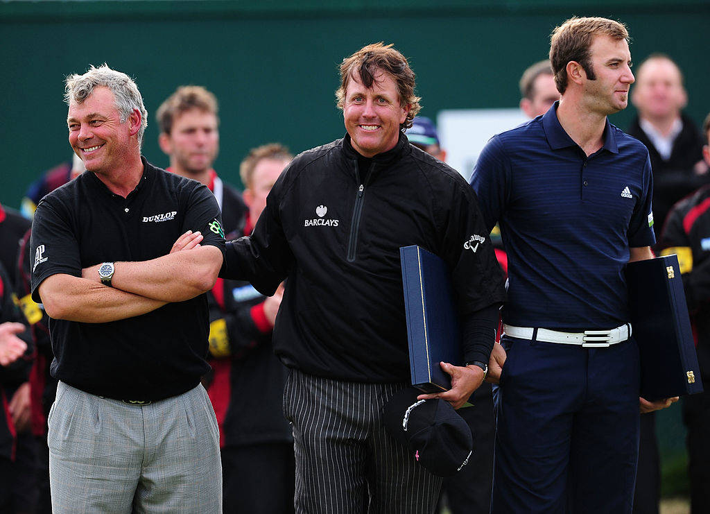Phil Mickelson with Champion Darren Clarke and Dustin Johnson following The Open in 2011